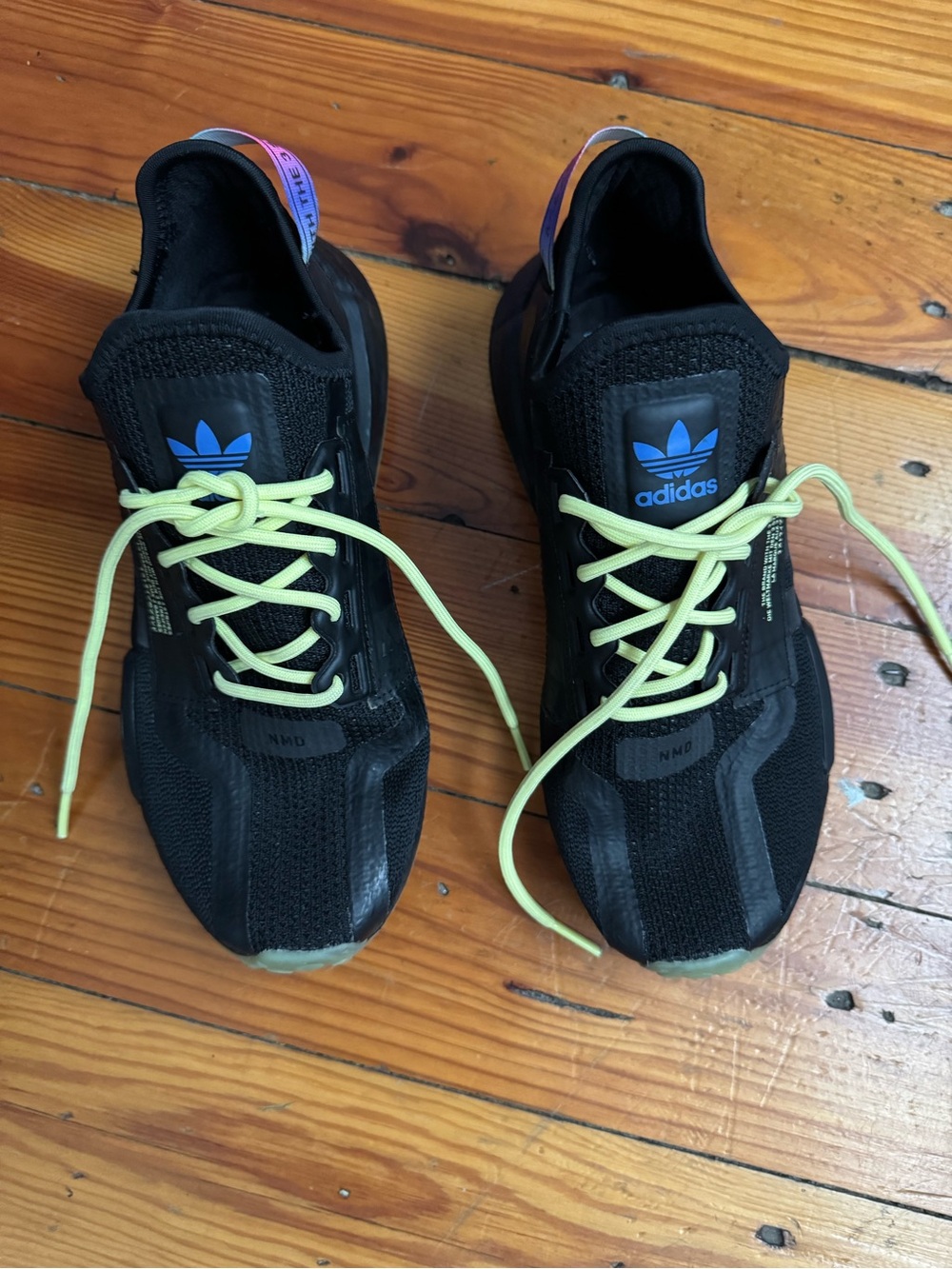 adidas Black Sneakers with Neon Yellow Laces and Blue Logo